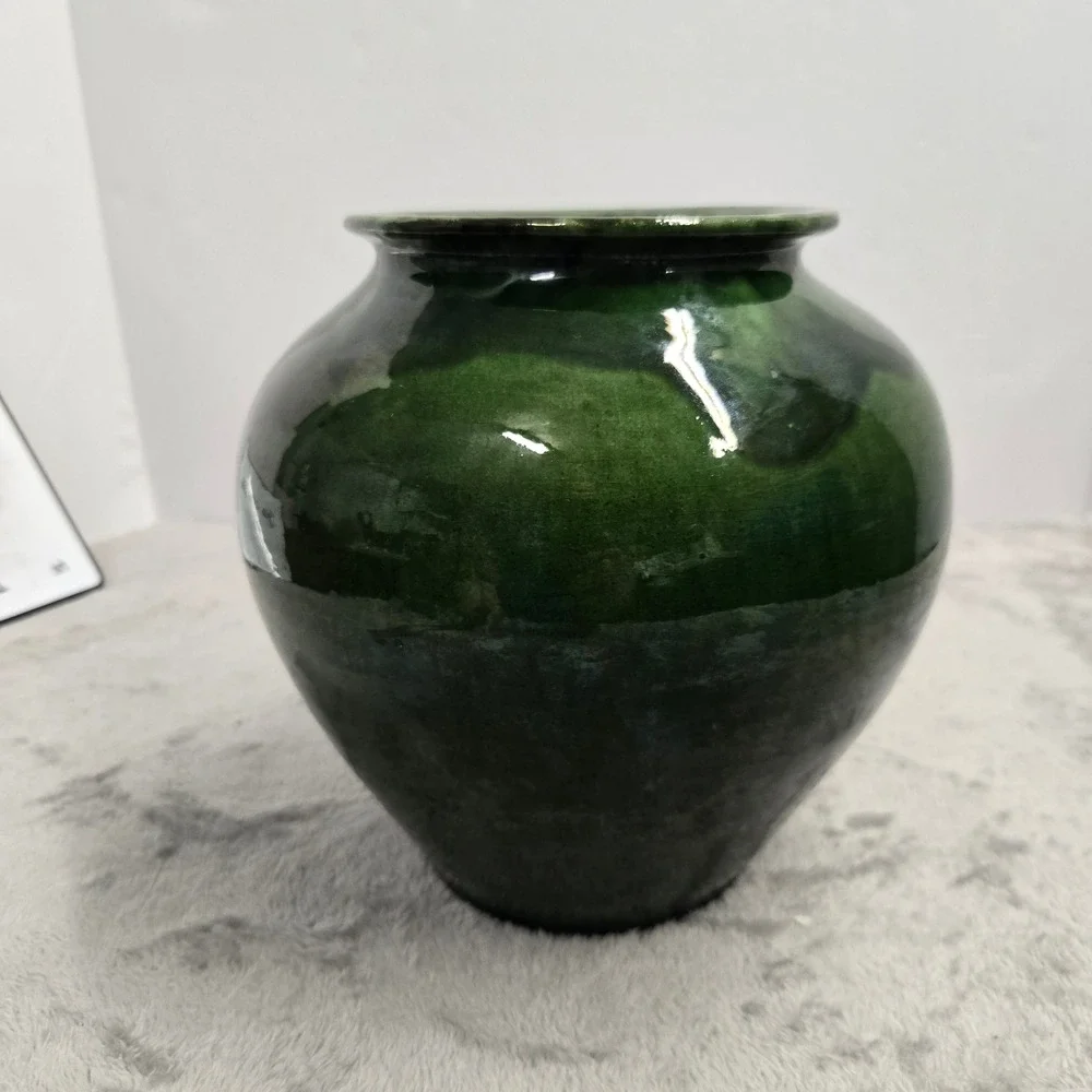 Vintage French Pottery Emerald Green Drip Glaze Terracotta Vase Made in France